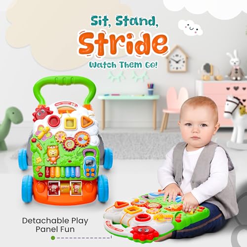 YOLAY Baby Walker Push Toy with Wheels, Sit-to-Stand Walker for Baby Boy and Girl 6-12 Months with Detachable Play Panel, Stable Handle, Early Learning Activity for Kids - Green - Thumbnail 6