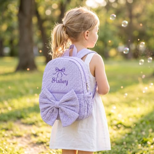 Image of 15inch Daycare Backpack Personalized Large Backpack with Name | Cute Purple Backpacks for Age 4-6,Lightweight Quilted Fabric,Large Front Pocket with Bow,Padded Shoulder Straps,Custom Gift