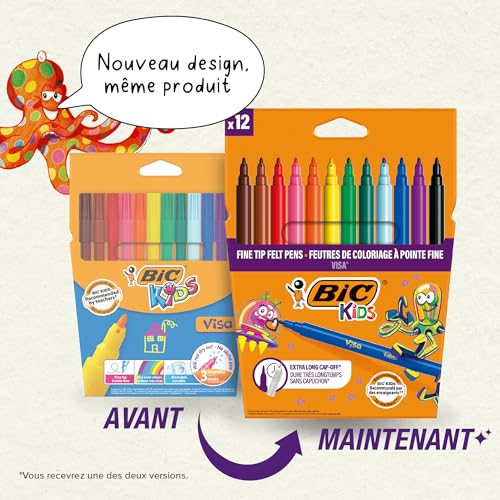 BIC Kids Visa Feutres de Coloriage à Pointe Fine, Lavables, Encre à base d'eau - Couleurs Assorties, Etui Carton de 12 – vue 3