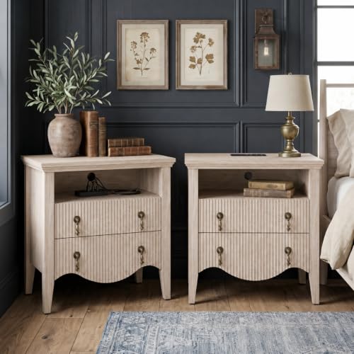 Image of Set of 2 Nightstands with Charging Station&2 Fluted Drawers,Nature Oak | Vintage Bedside Table, 2 Fluted Drawers and Open Shelf, Rustic End Table, Power Outlet and USB Ports, For Bedroom