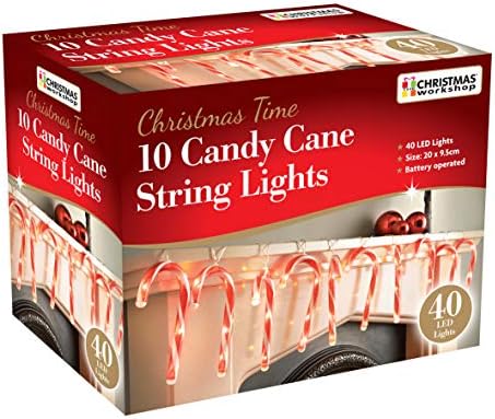 The Christmas Workshop 70039 10 LED Christmas String Lights | Indoor Decorations | 1.8M Lead Length with 20cm Long Candy Canes | Battery Operated, Red and White
