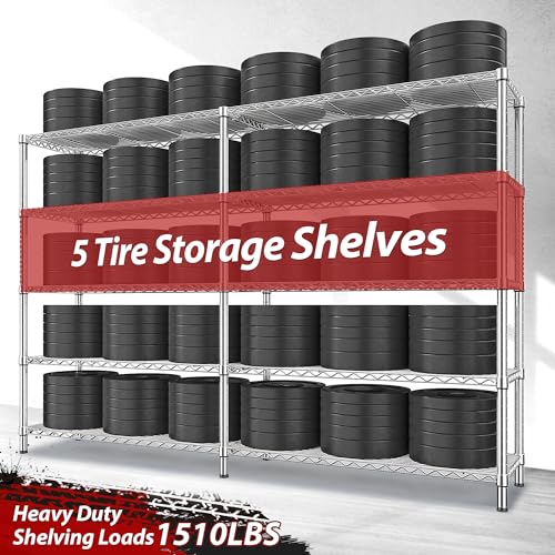 Image of REIBII 69.8 inch W Storage Shelves 1510LBS Wire Shelving Unit 5 Tier Metal Shelving for Storage Rack Shelves Adjustable Heavy Duty Garage Shelf Pantry Shelves Kitchen Shelving,69.8 inchWx15.8 inchDx72.4 inchH,Chrome
