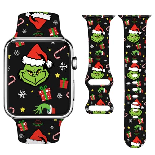 Watbro Christmas Watch Band Compatible with Apple Watch 38mm 40mm 41mm Women Men,Soft Silicone Cute Sport Strap Design for Apple Watch Ultra iWatch Series 8 7 6 5 4 3 2 1 SE Band,Grinch Black