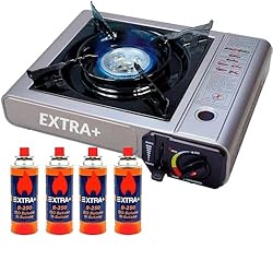 COCINA PORTÁTIL DOBLE + QUEMADOR GAS 4 BOTELLAS MA...: Marca: EXTRA+ Cocina portátil doble + 2 botellas, quemador de gas, estufa de camping