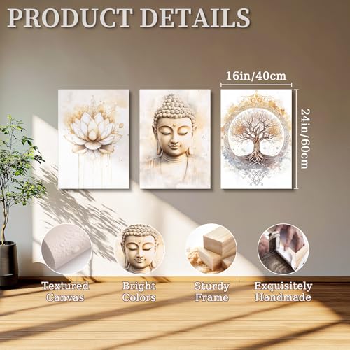 SERIMINO Zen Wall Art Set of 3, Buddha Tree of Life Lotus Flower Canvas Art Prints, Modern Meditation Pictures Wall Decor Living Room Yoga Room, Spiritual Studio Office Artwork for Walls 16X24 Inch