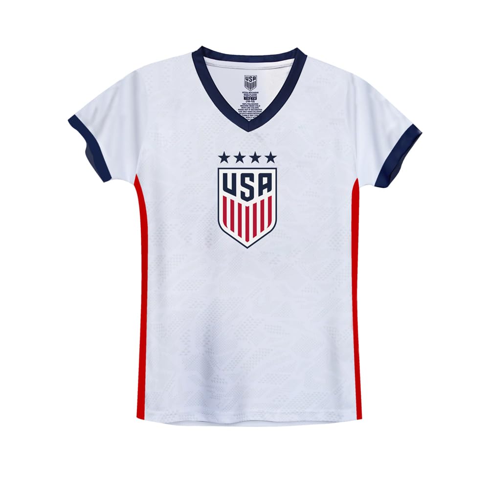 Icon Sports Official Licensed U.S. Soccer 4 Star USWNT Player’s Girl's Game Day Shirt Tee - Youth Soccer Gear - Swanson, White, Red, Medium