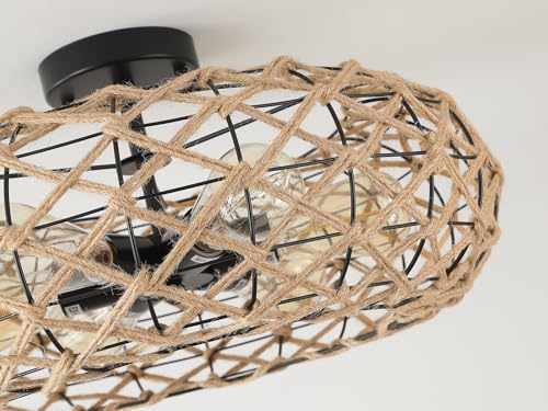 6-Light Large Coastal Boho Woven Flush Mount Ceiling Light Fixture 20 inch Handmade Hemp Rope Round Cage Semi Flush Mount Ceiling Light for Hallway Entry Farmhouse Bedroom Living Room Beach, Black - Image 5
