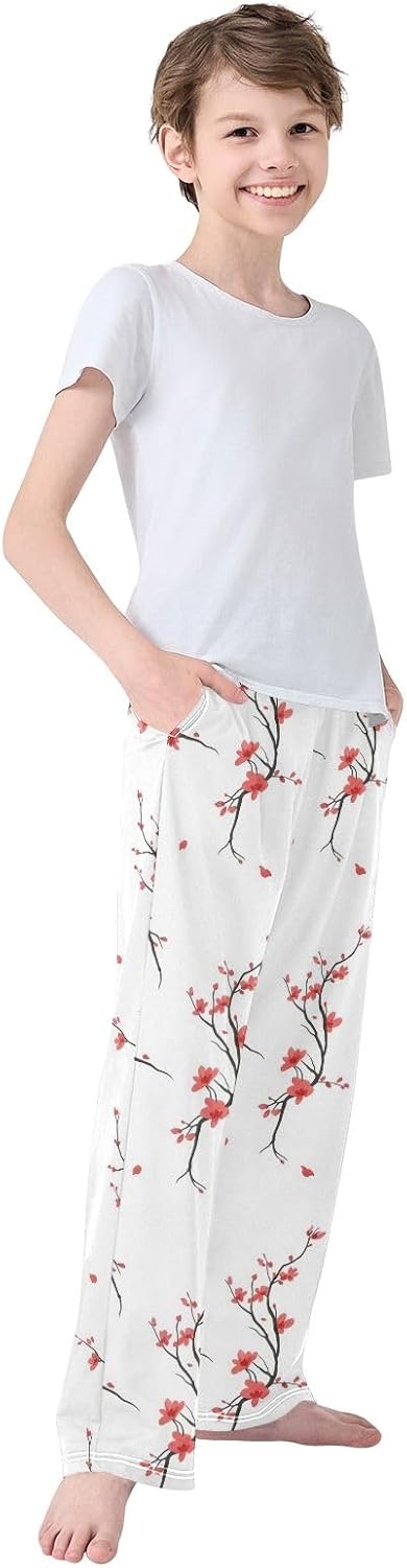 Cherry Blossom Red Flowers White Pajama Pants Elastic Waist and Pockets Soft Comfort Sleepwear