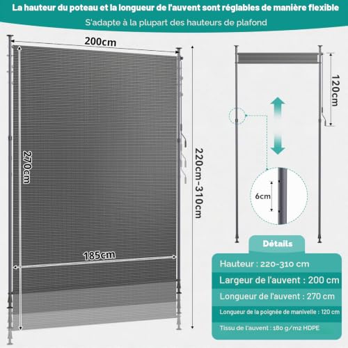 Store vertical anti UV résistant aux intempéries pour balcon sans percer
