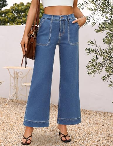 ZESICA Wide Leg Jeans for Women Trendy High Waisted Strechy Loose Straight Denim Pants with Pockets Blue Size 16 — view 4