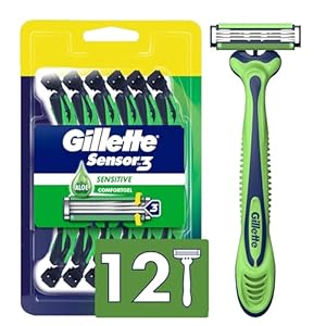 Gillette Sensor3 Sensitive Men’s Disposable Razor, 12 Razors