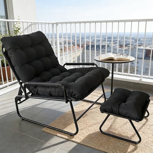 Cozykimo Loungesessel Outdoor mit Hocker, Relaxsessel Garten, Gartensessel 150 Kg, mit Liegefunktion, Sessel mit Hocker, Balkonsessel Verstellbare Rückenlehne, für Garten, Pool, Terrasse Noir