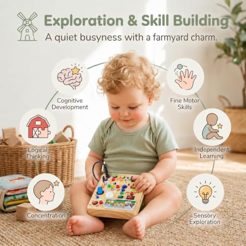 RichBoy Montessori Toy Busy Board for 1-3 Year Old Toddlers, 37-in-1 Sensory Toy with 24 LED Lights, Educational Travel Toy for Airplane Car Rides, First Birthday for Boys Girls (Farm 6.7" X 5.3") - Image 4