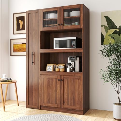 Benime Walnut Farmhouse Pantry Cabinet with 2 Pull Out Shelves,
