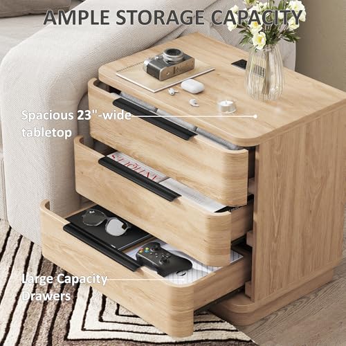 Image of Nightstands Set of 2, Bedside Table with 3 Storage Drawers, 24 inch Tall Wood Night Stand with Charging Station, Modern Wide End Table Side Table W /Metal Handle Curved Profile for Bedroom