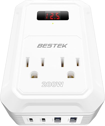 Miniatura 9 de BESTEK Inversor de corriente para automóvil de 200 W, convertidor de CC de 12 V a 110 V CA con 2 USB-C (30 W) y 2 USB-QC (18 W), adaptador de