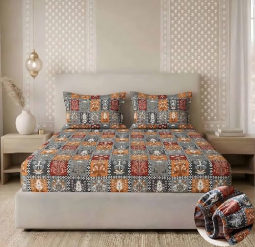 Image of VAS COLLECTIONS 180 TC Cotton Fitted Bedsheet Double Bed (72x78+8 Inches) with 2 Pillow Covers - Soft Breathable Skin Friendly Jaipuri Printed Elastic Fitted Bed Sheet, Red & Grey