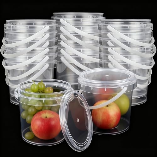 Image of 18 PCS 68 oz Plastic Ice Cream Containers, Clear Buckets with Lids and Handles, 2000ml Cocktail Rum Buckets for Snacks Deli Fruits, Drinks
