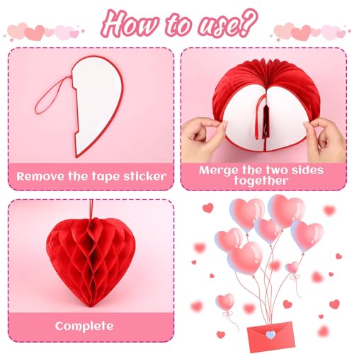 Image of BOARDFEB Valentine's Day Decorations, Engagement Party Decor, Heart Honeycomb Balls Hanging Decorations Pink, Light Pink and Red, Premium Reusable Romantic Proposal Wedding Party Decoration