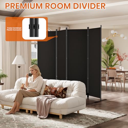 Image of SUNALLY Room Divider 6FT Folding Privacy Screens, 4 Panel Fabric Divider for Room Separation, 88 inch W Freestanding Portable Wall Dividers Screen for Home Dorm Studio Office, Black