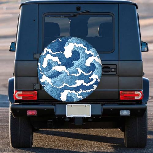 Image of Blue and White Wave Spare Tire Cover 15 inch Wheel Japanese Abstract Protectors Weatherproof Universal for Trailer Tire Cover Rv SUV Truck Camper Travel Trailer