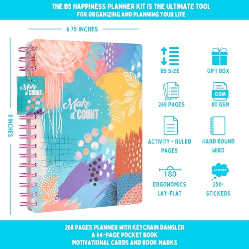 Image of Doodle I The B5 Happiness Undated Planner Kit I 250+ Stickers + Bookmarks + Pocket Planner with Premium Gift Box | Tear Away Note Cards & Quote Cards | Activity Pages | To do lists I 268 Pages I 80 GSM I Wiro Bound (Make it Count)