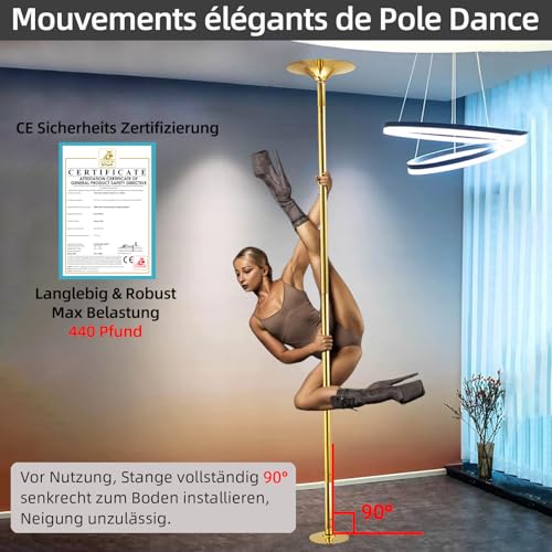 PRIOR FITNESS Tanzstange 45mm, Höhenverstellbar 223-270 cm, 2 Modi: drehend & statisch, CE-Zertifiziert, für Zuhause, Studio, Verein, Club & Party, Gold