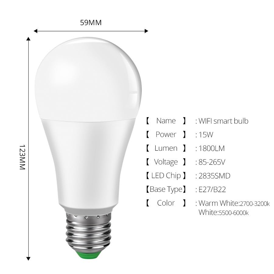 10 szt./zestaw AC85-265V WIFI inteligentna żarówka LED Soundbox B22/E27 15W ciepła biel i zimna biel (kolor : 6500K(Cool White), Rozmiar : B22 15W)