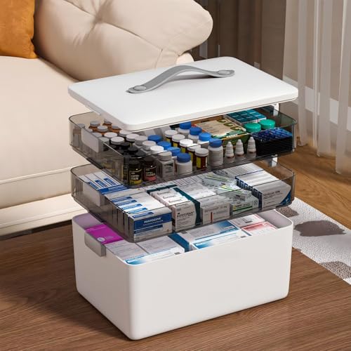 MOPUP Boîte de premiers secours à 3 couches de grande capacité (34 x 22 x 25,5 cm) – Avec poignée et compartiments amovibles, convient pour la famille, le bureau,...