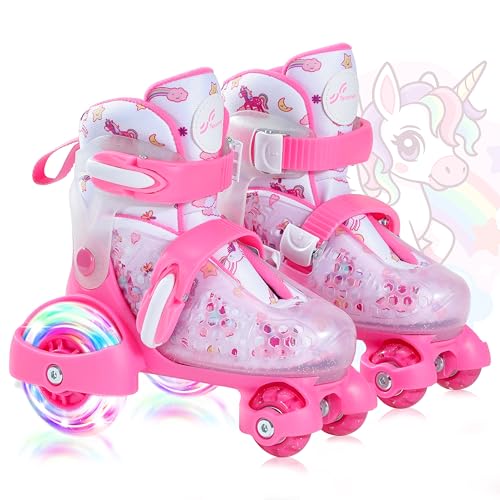 Patines 4 Ruedas Niña, EU 24 31 Unicornios para Niñas 4 Tallas Ajustables 3 8 Años Patines Niña 4 Ruedas con LED Iluminación, para Niños, Interiores, Exteriores, Niñas, Principiantes