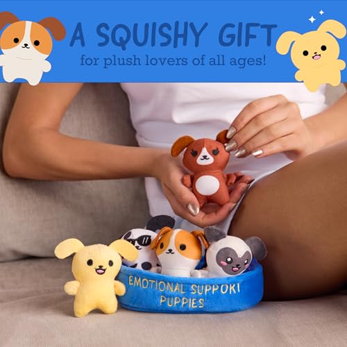 Image of Emotional Support Puppies by Relatable, Cuddly Stuffed Animals, Plushies, and Cute Stuff, Great Gift Ideas for Loved Ones of All Ages, Includes 5 Plushies with Carrying Basket