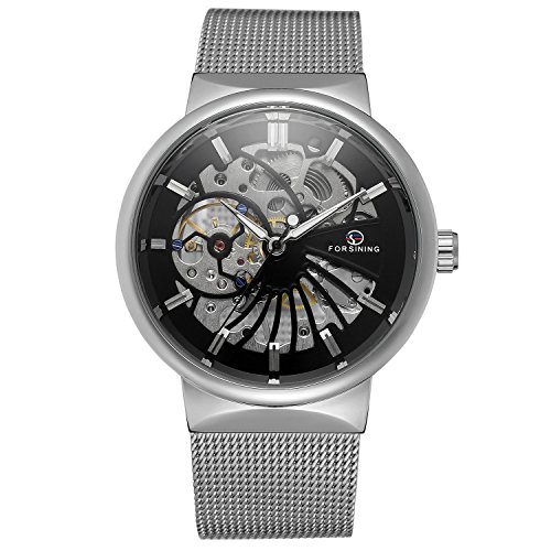 Image of FORSINING Men's Popular Mechanical Hand-Wind Ultra Thin Stainless Steel Bracelet Mesh Skeleton Watch