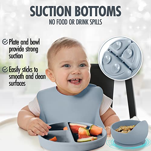 Blue Gray-10 Piece Silicone Baby Feeding Set-Baby Led Weaning Supplies-Baby Eating Supplies, Baby Plates/Toddler Plates, Bib, Sippy Cup, Baby Spoons First Stage 4 Months, And Infant Silicone Fork #TOP3