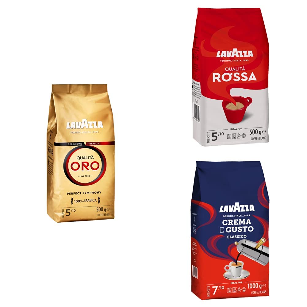 Lavazza, 3 Paquetes Surtidos de Cafè en Grano Natural, Qualità Oro 500 g, Qualità Rossa 500g, Crema e Gusto Classico 1 kg, Arábica y Robusta, Ideales para Máquina de Café Espresso o Superautomática