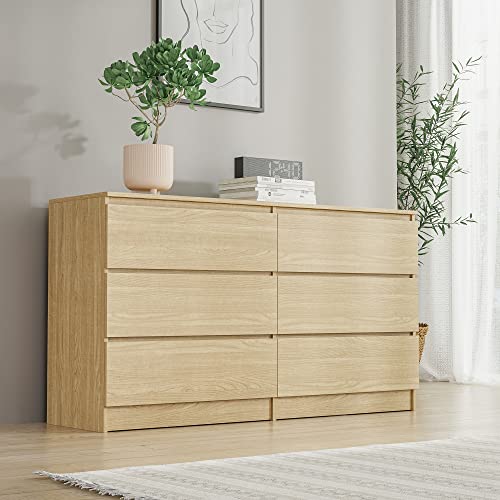 Cozy Castle 6 Drawer Oak Dresser With Cutout Handle, Accent Dressers & Chests Of Drawers With Double Anti-Tilt Devices, Storage Dresser For Bedroom #TOP23