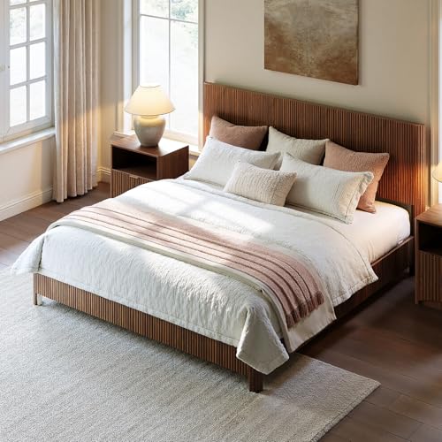 Image of Evermagin Walnut King Bed Frame with Headboard, Mid Century Modern Fluted Platform Bed, Boho Wooden Bed Base No Box Spring Needed, Wavy Grooved Panel