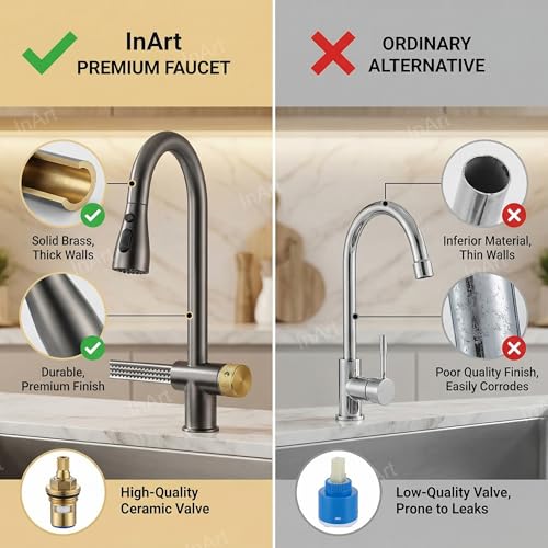 Image of InArt Brass Waterfall Kitchen Sink Mixer Tap /Faucet 360 Rotatable Pull Out Kitchen Faucet Multi-Function (Grey Black)