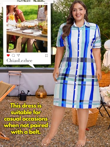 Image of ChiaoLezhee Plus Size Shirt Dress, Colorful Plaid Match Waistband, Fits 1XL-5XL