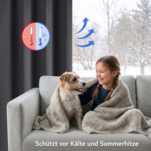 Praktisches Set ohne Bohren: 2x Vorhang + 1x Klemmstange silber 70-120 cm + 2x Raffhalter mit Magnet blickdicht & verdunkelnd, als Raumteiler, Fenster & Tür Anthrazit Thermovorhang 175x135cm