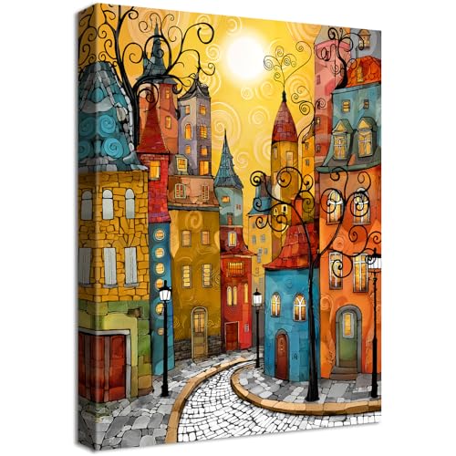 Image of Wooden Framed Canvas Wall Art Colorful Street City Artwork Painting on Canvas Prints Fantasy House Trees Poster Modern Abstract Pictures for Living Room Bedroom Dinning Room Wall Decoration 30x40cm