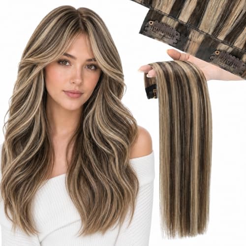 Moresoo Seamless Clip in Hair Extensions Real Human Hair Highlights