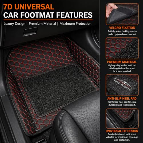 Image of Premium Universal 7D Car Floor Mat Compatible with Hyundai Xcent | Waterproof | Anti-Slip | Luxury Premium Leather Car Mat | Full Coverage | All Weather | Car Foot Mats - (Black Red)
