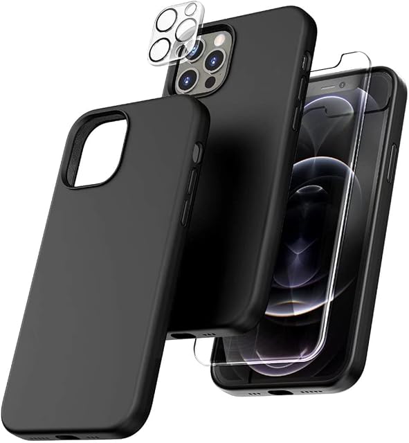 TOCOL 5 in 1 for iPhone 12 Pro Max Case 6.7", with 2 Pack Screen Protector + 2 Pack Camera Lens Protector, Liquid Silicone Slim Shockproof Full-Body Cover [Anti-Scratch] [Drop Protection], Black