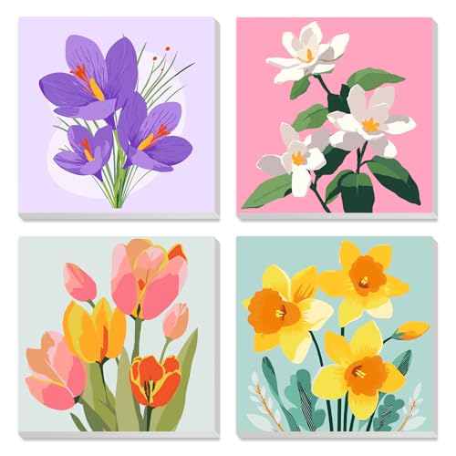 MXJSUA 4 Pack Tulips Flowers Framed Paint by Numbers Kit with Canvas for Adults Beginner, DIY Acrylic Oil Painting Kits with Brushes for Home Wall Decor Gift (8x8 inch)