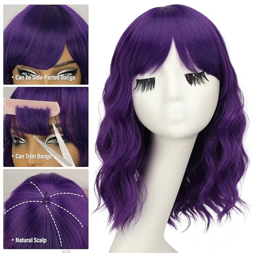 Image of Nnzes Wig Bangs Natural Purple Short Wavy Hair for Women Natural Looking Heat Resistant Bob Wigs with Synthetic Wig for Daily Party Use