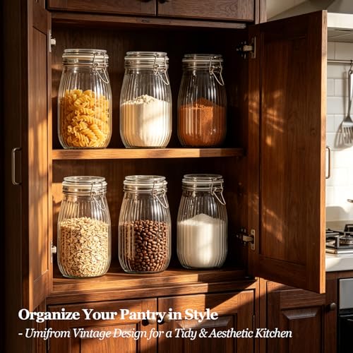 Image of ComSaf Ribbed Glass Jars with Airtight Lids 51oz 3 Pack Wide Mouth Bulk | BPA-free food-grade glass, ribbed texture, bulk flour & rice, deep cabinet fit, one-hand latch, pantry organization
