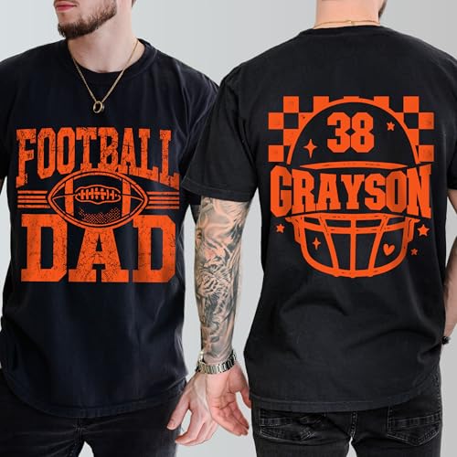 GABITA Personalized Funny Football Dad Shirt with Name and Jersey Number, Cheer Dad Shirts for Men, Game Day Football Shirt, Gift for Father Cheering on Son2