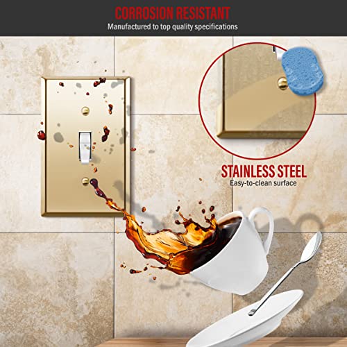 Image of ENERLITES Toggle Light Switch Metal Wall Plate, Stainless Steel Switch Cover, Corrosion Resistant, Mid-Size 1-Gang 4.88 inch x 3.11 inch, Stainless Steel 201, 7711M-PB, Polished Brass
