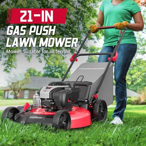Image of PowerSmart 21 inch 3-in-1 Gas Push Lawn Mower with 140cc Briggs&Stratton 4-Stroke Engine - Wide Cutting Deck, 6 Height Adjustments, Mulching Capability