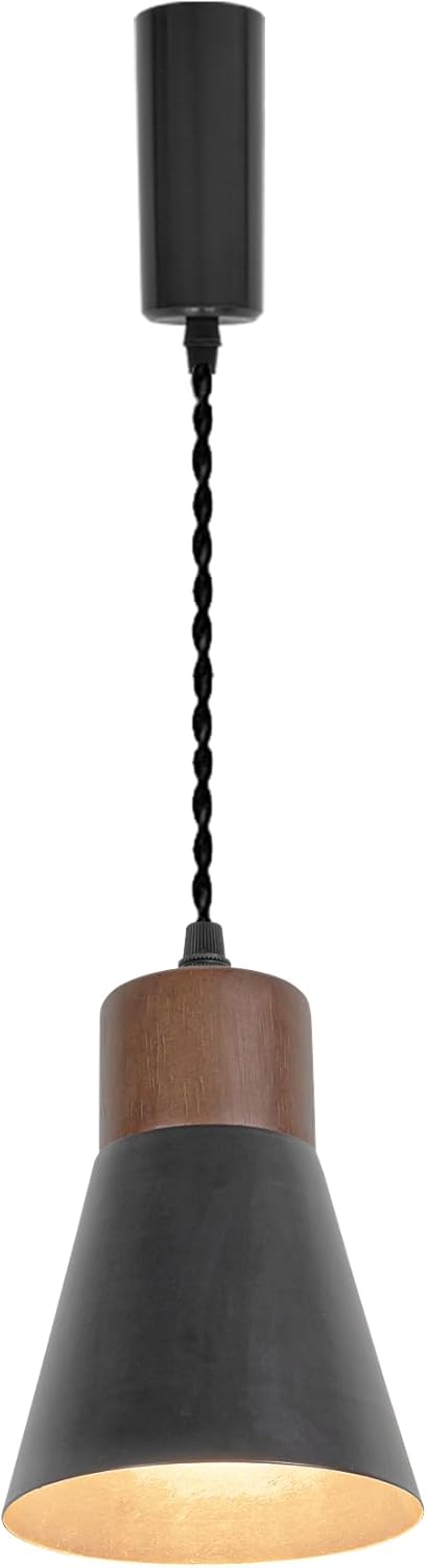 Adjusted Cable J-Type Track Lamp Walnut Base Metal Black Shade Retro Pendant Lighting for Kitchen Dining Room(No Bulb, Track)